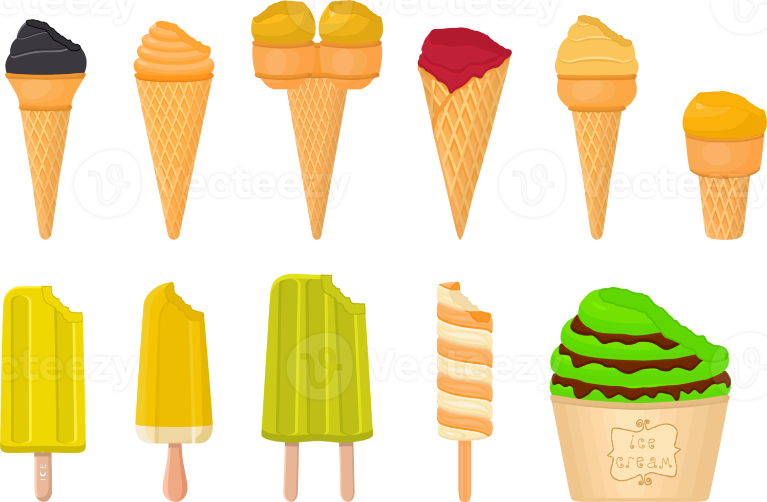 big kit ice cream different types in cone waffle cup png