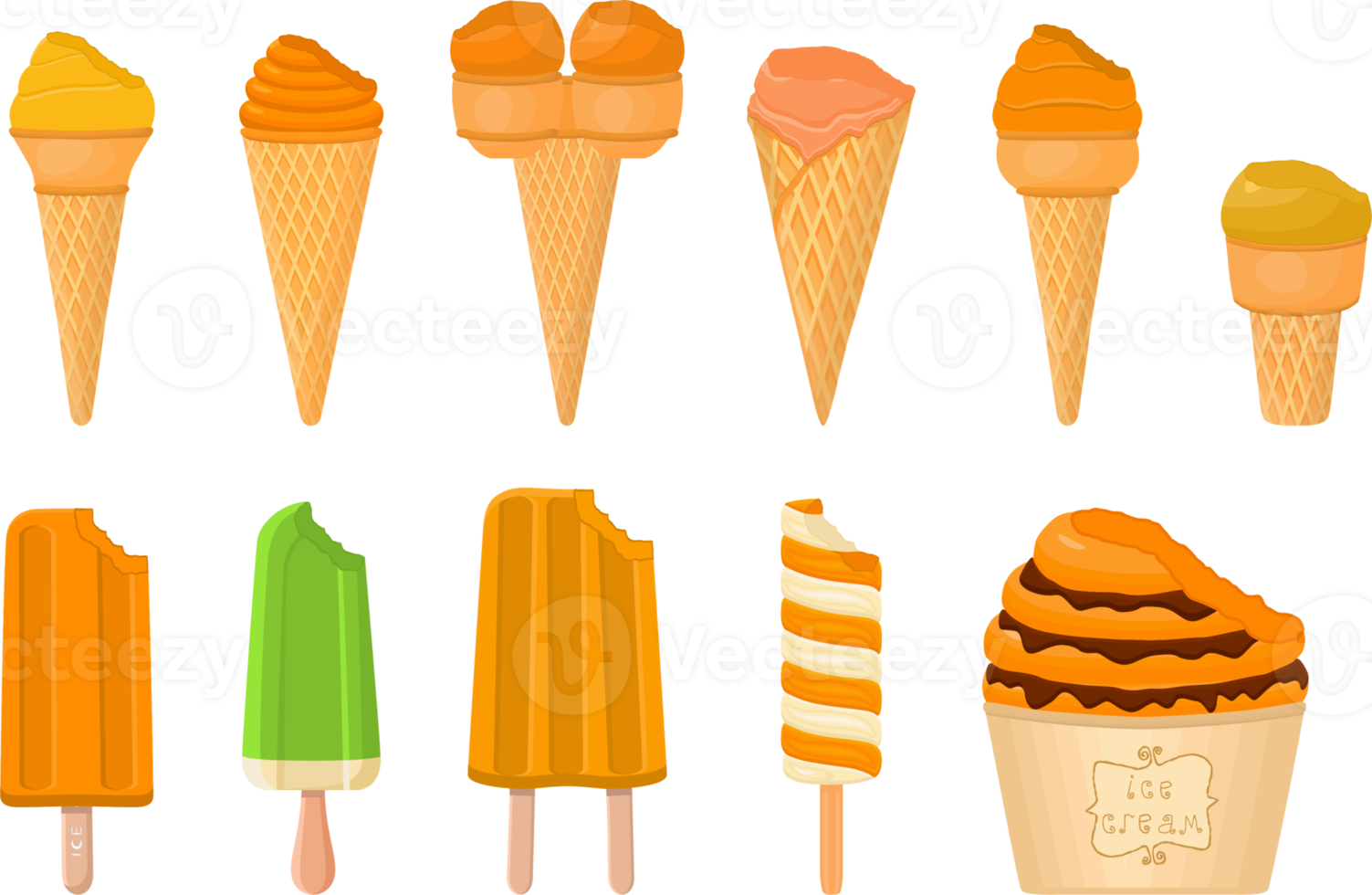 big kit ice cream different types in cone waffle cup png