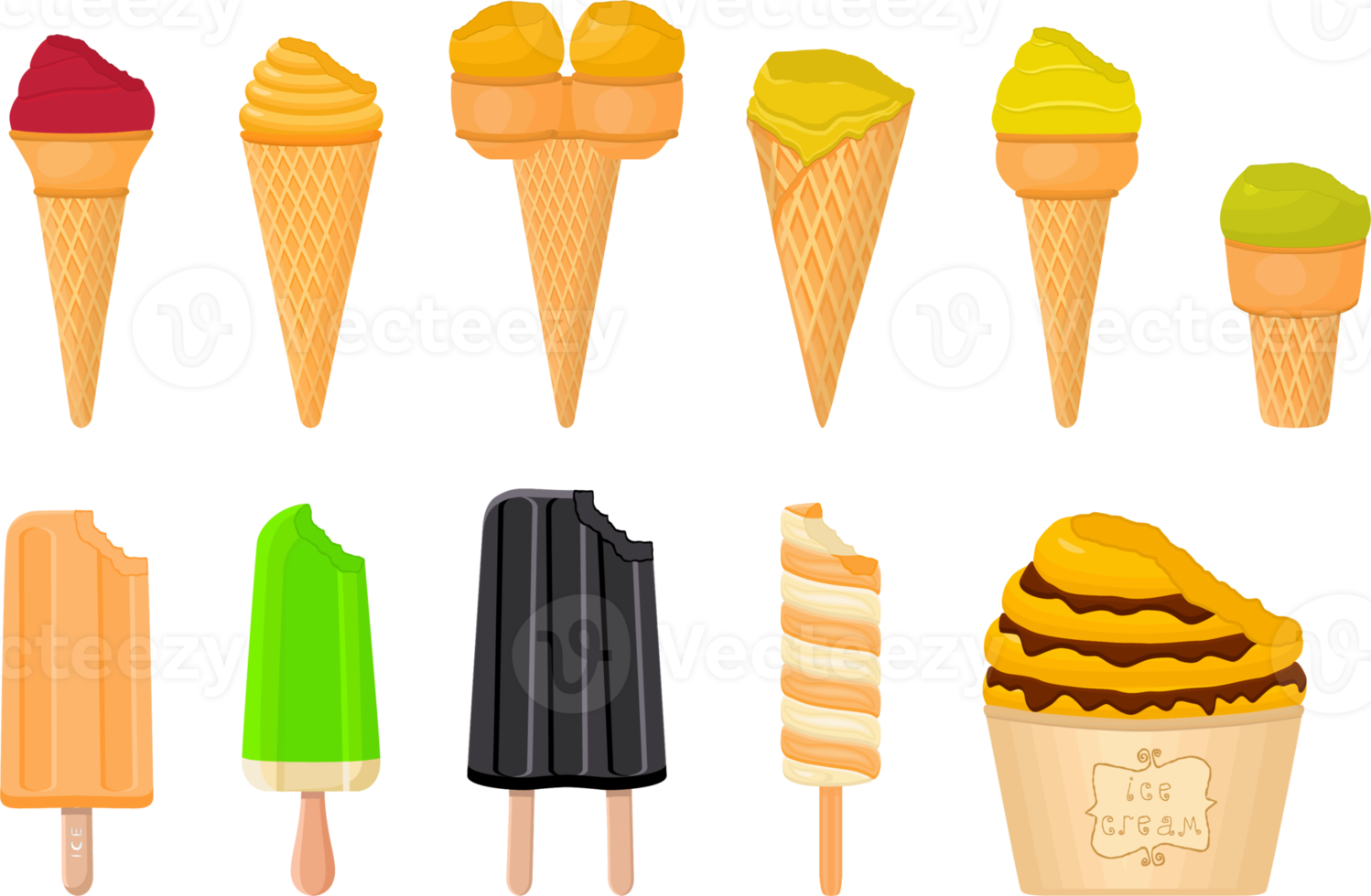 big kit ice cream different types in cone waffle cup png