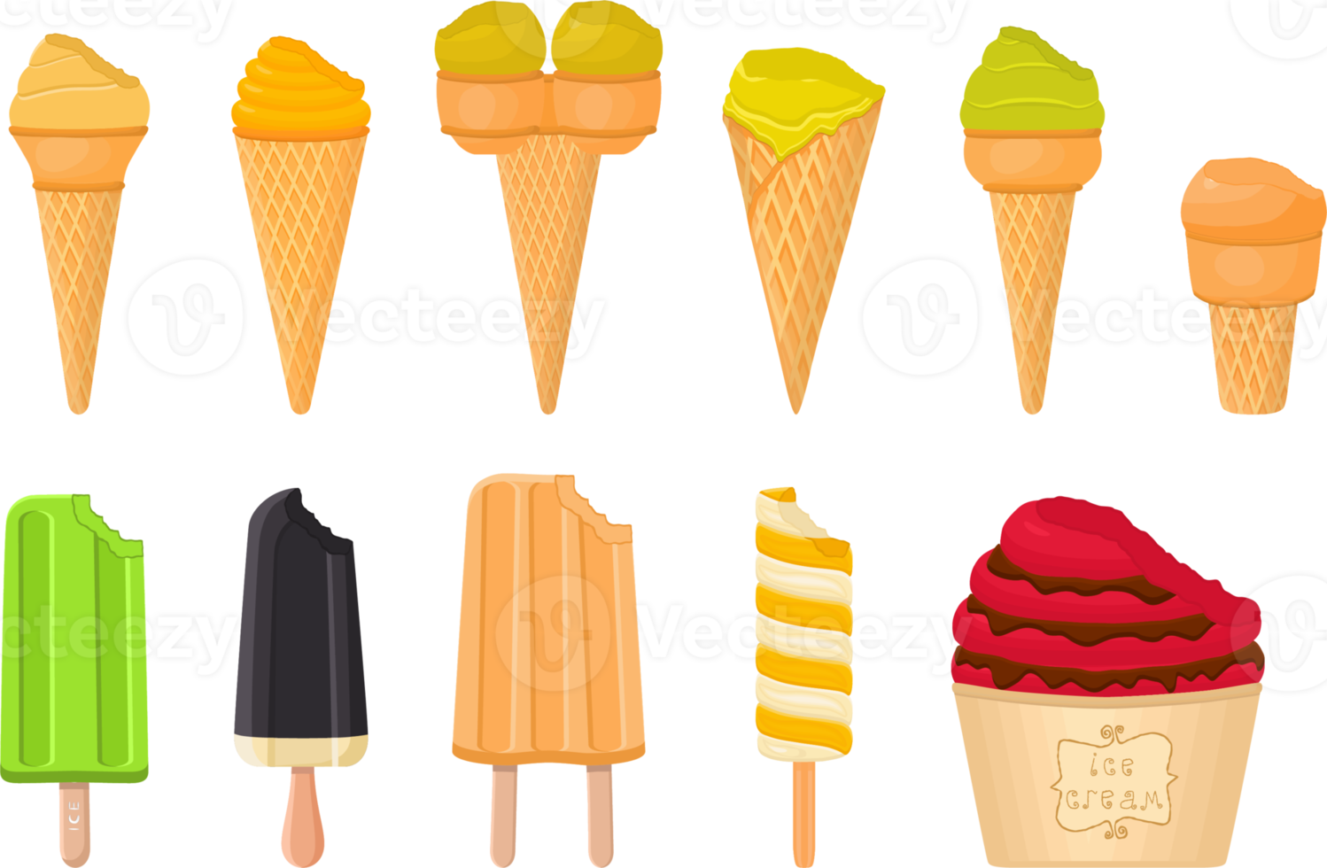 big kit ice cream different types in cone waffle cup png