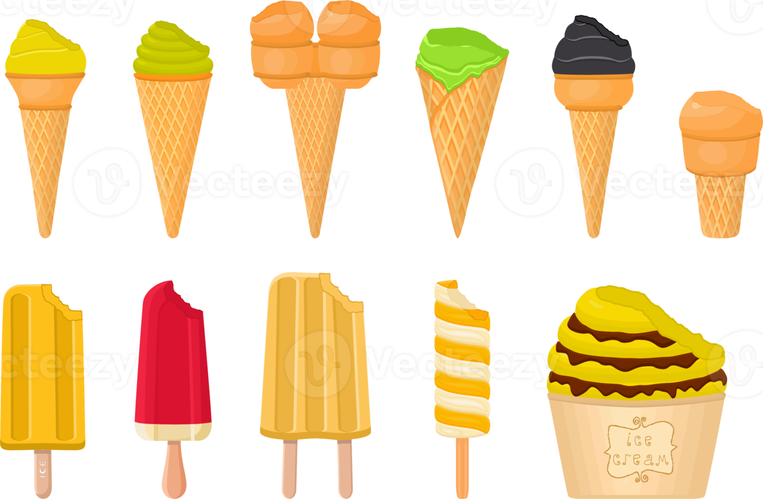 big kit ice cream different types in cone waffle cup png