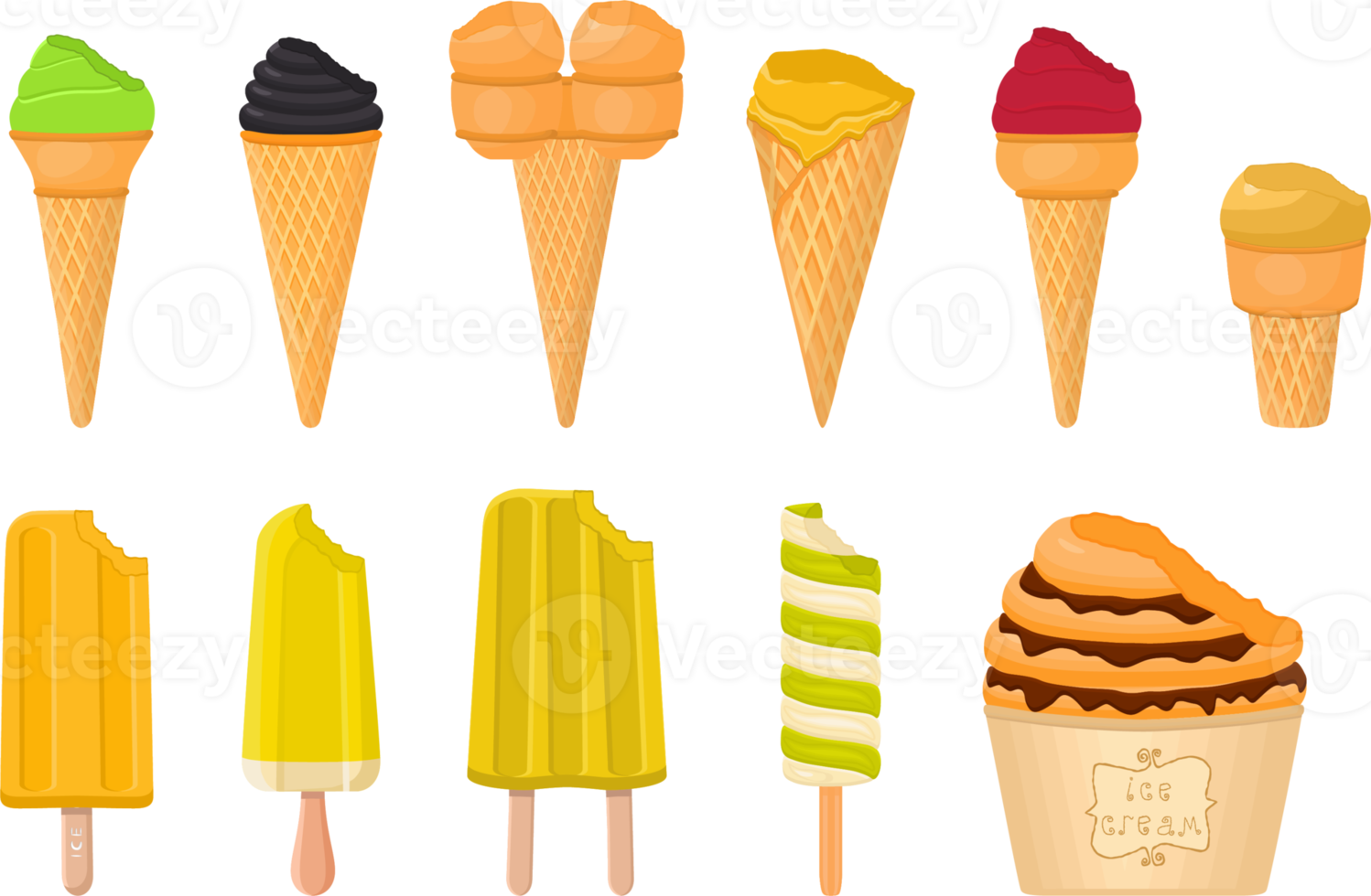 big kit ice cream different types in cone waffle cup png
