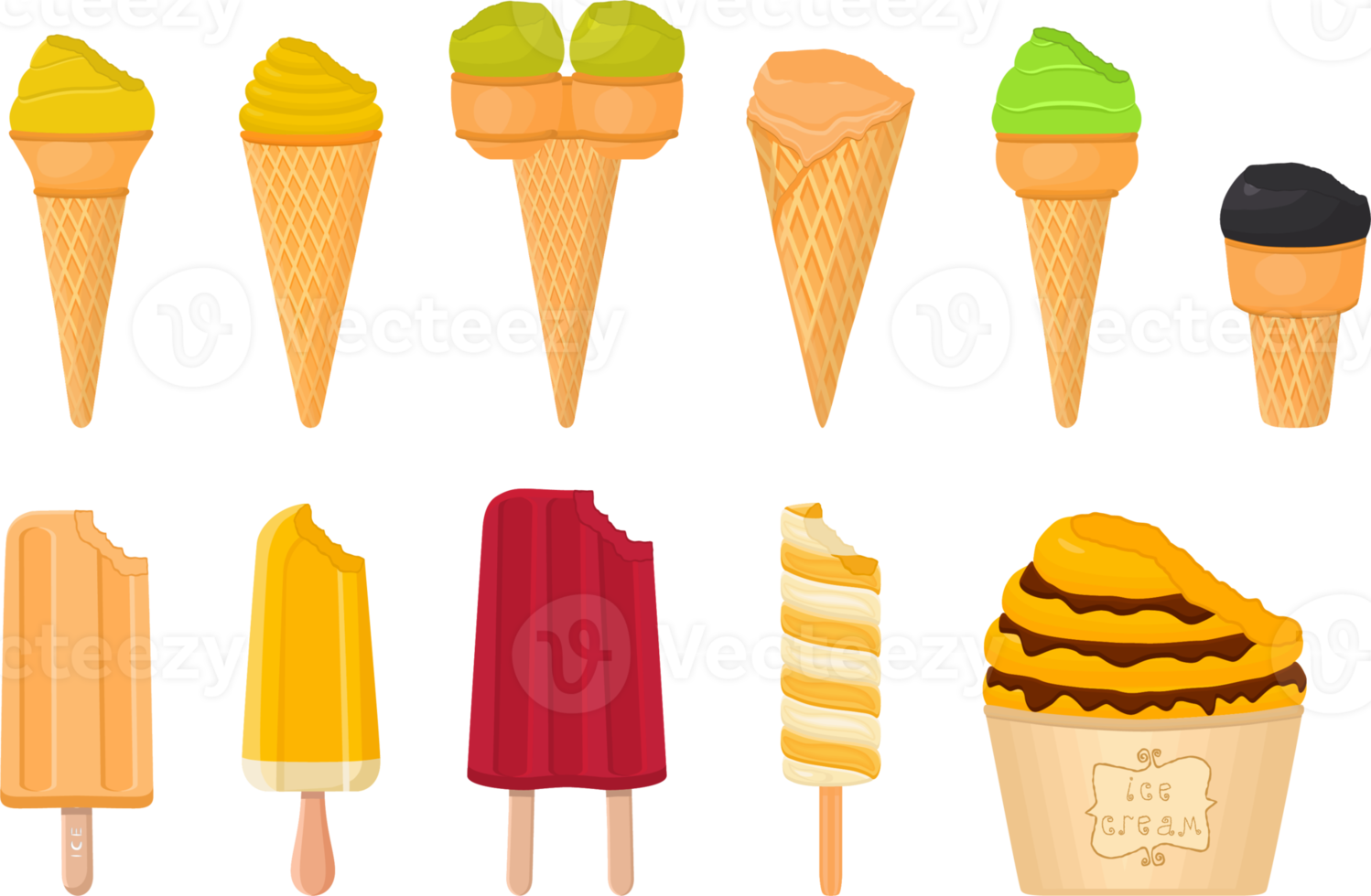 big kit ice cream different types in cone waffle cup png