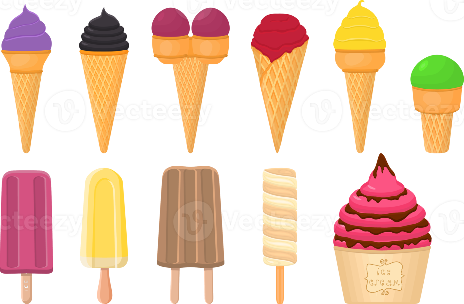 big kit ice cream different types in cone waffle cup png