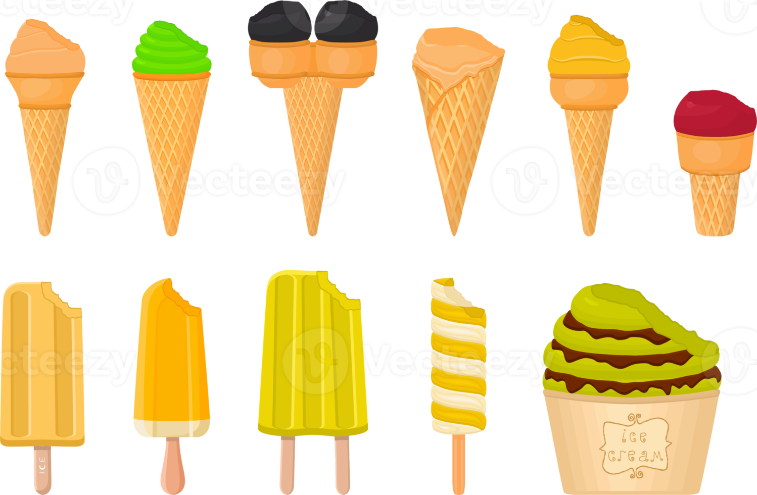 big kit ice cream different types in cone waffle cup png