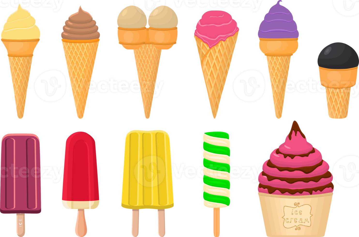 big kit ice cream different types in cone waffle cup png