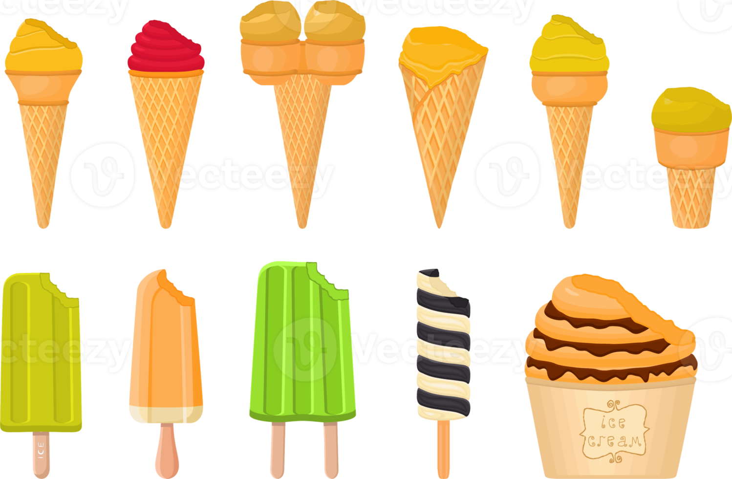 big kit ice cream different types in cone waffle cup png