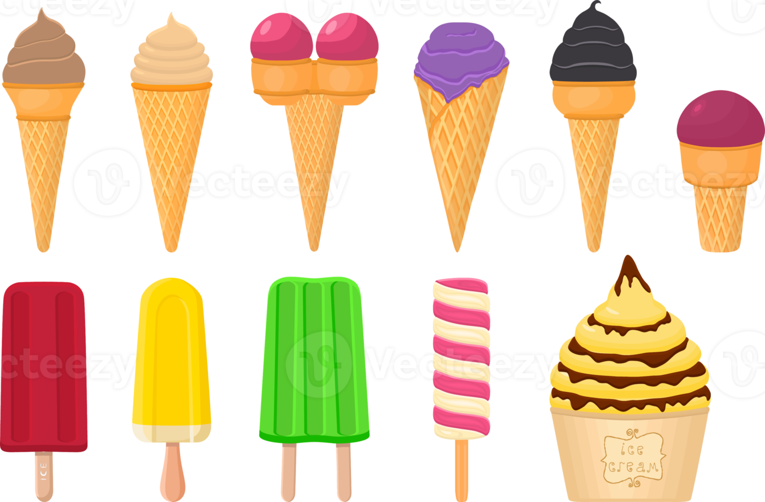 big kit ice cream different types in cone waffle cup png