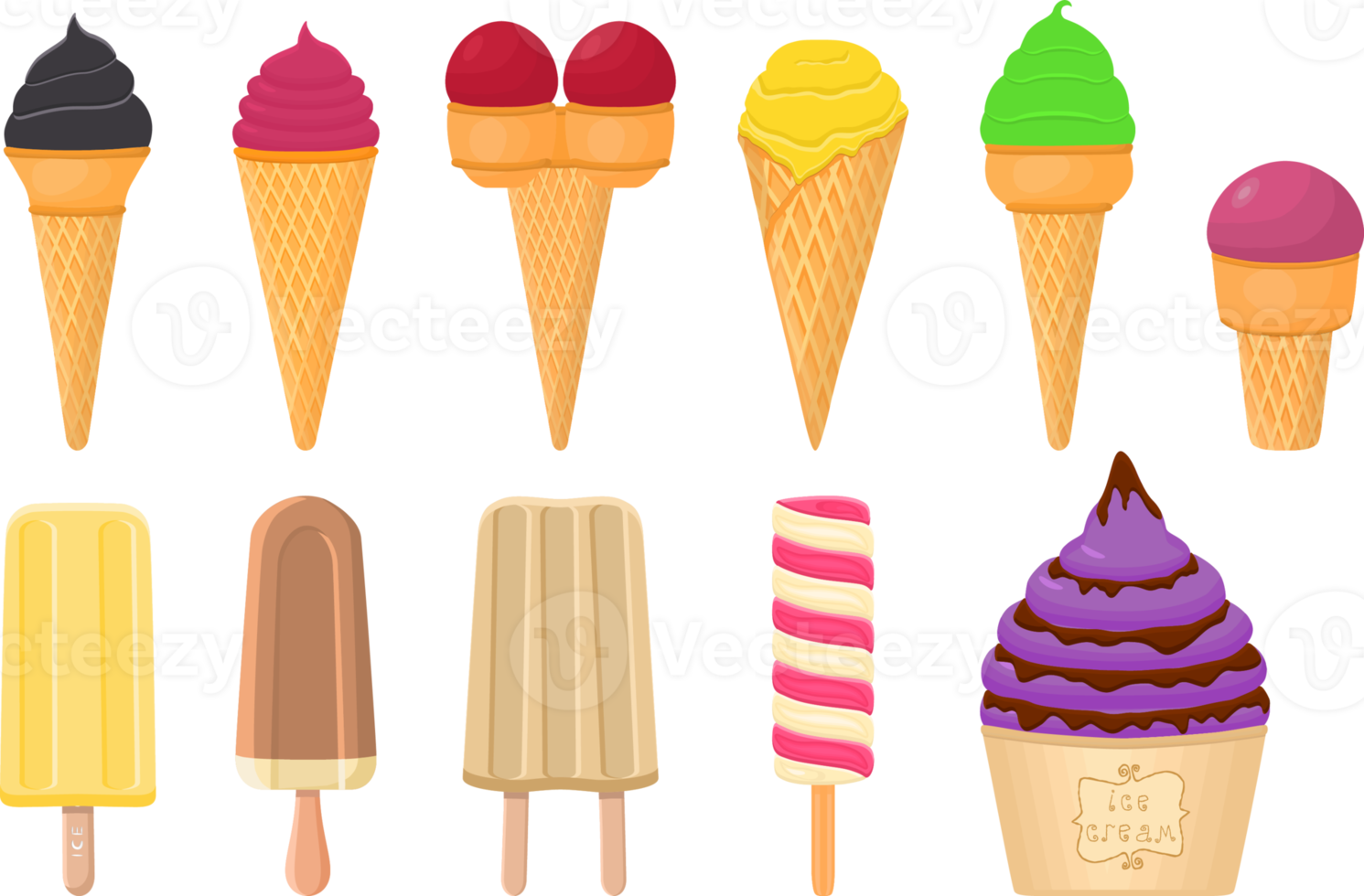 big kit ice cream different types in cone waffle cup png