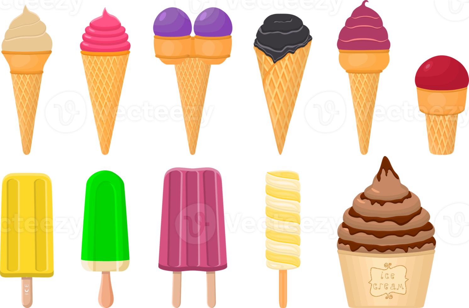big kit ice cream different types in cone waffle cup png