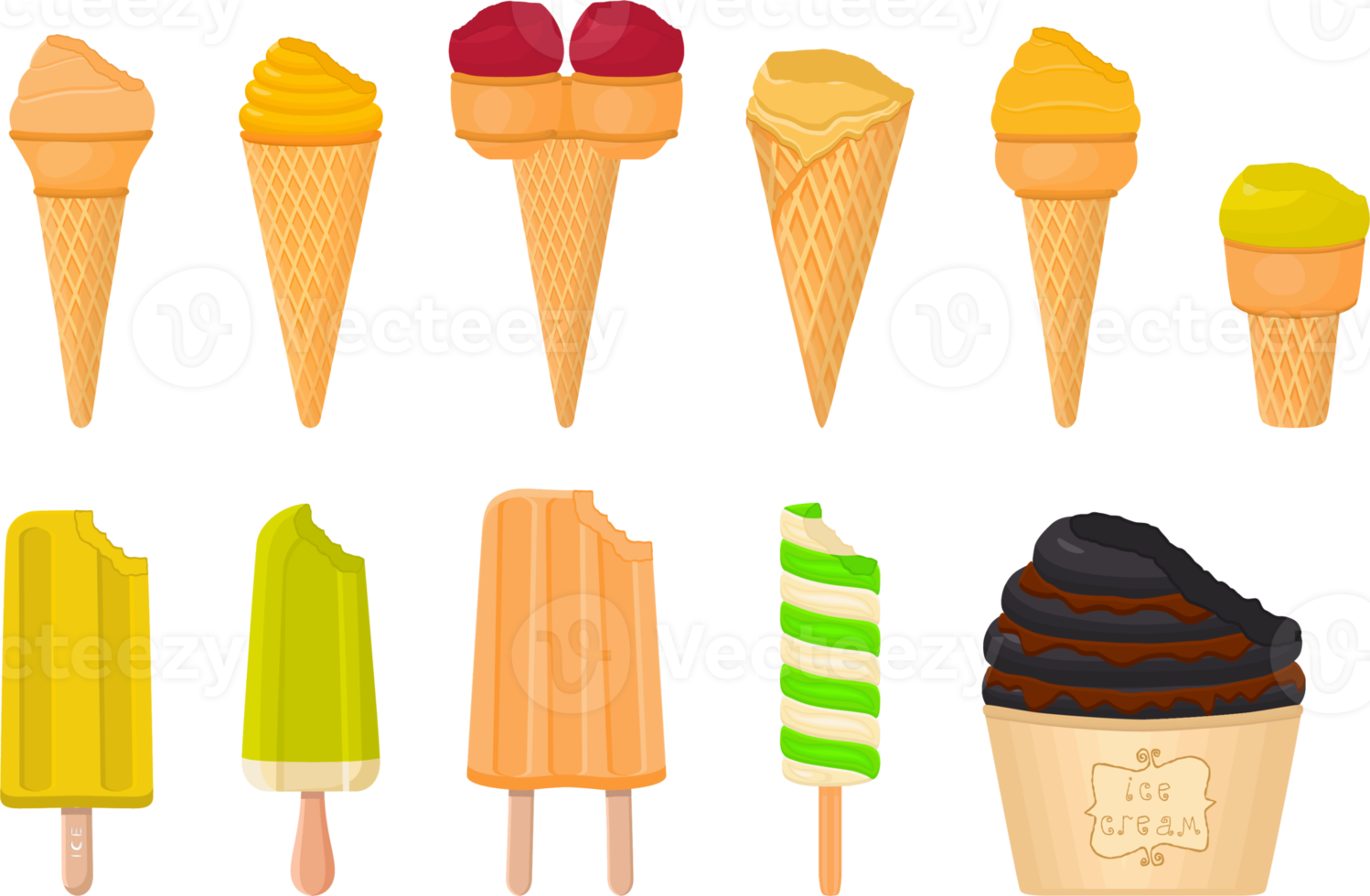 big kit ice cream different types in cone waffle cup png