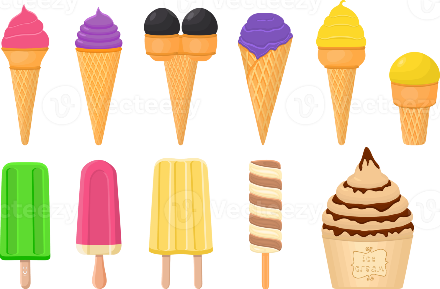big kit ice cream different types in cone waffle cup png