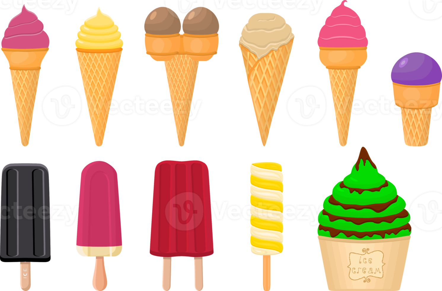 big kit ice cream different types in cone waffle cup png