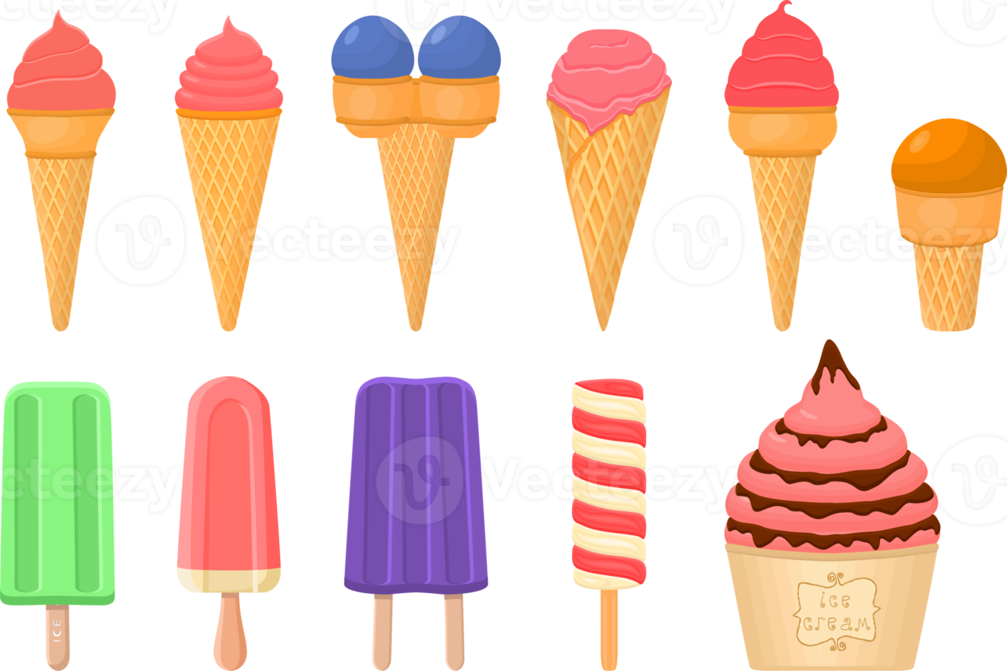 big kit ice cream different types in cone waffle cup png
