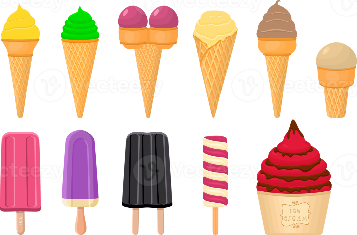 big kit ice cream different types in cone waffle cup png