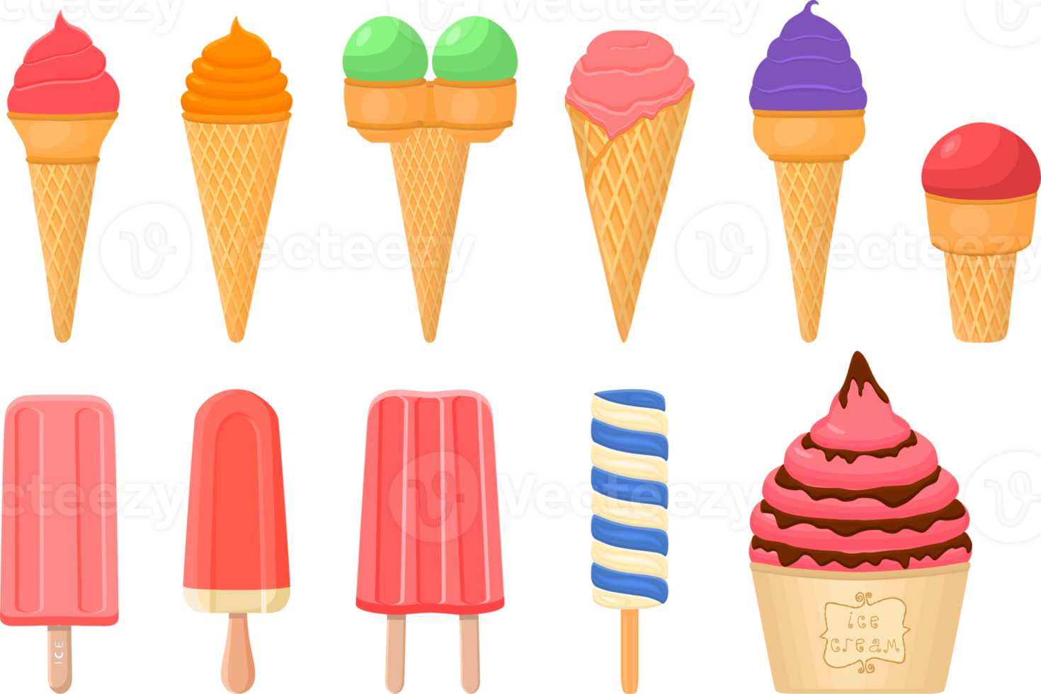 big kit ice cream different types in cone waffle cup png