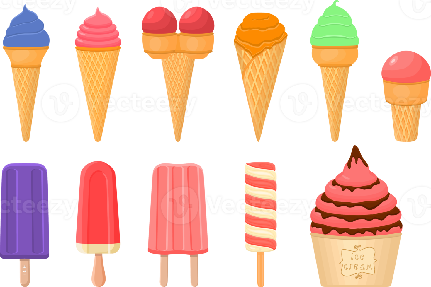 big kit ice cream different types in cone waffle cup png