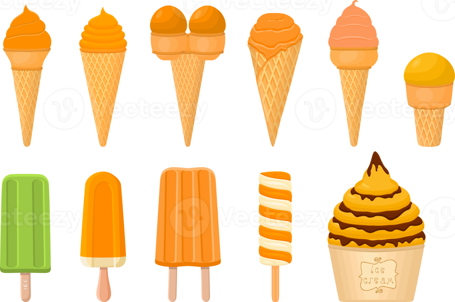 big kit ice cream different types in cone waffle cup png
