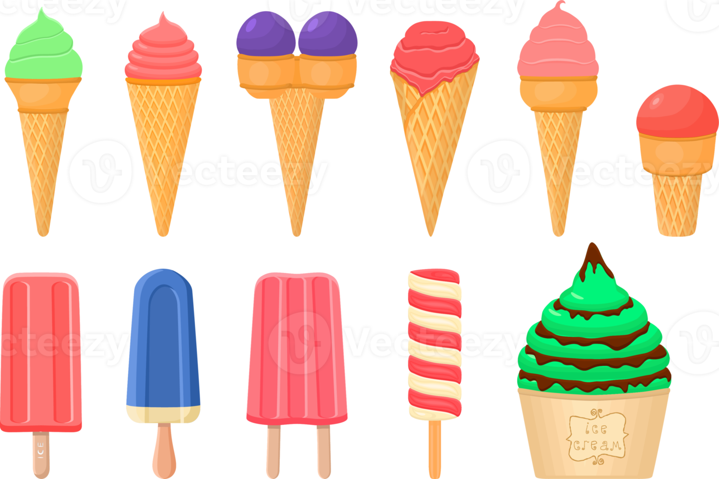 big kit ice cream different types in cone waffle cup png