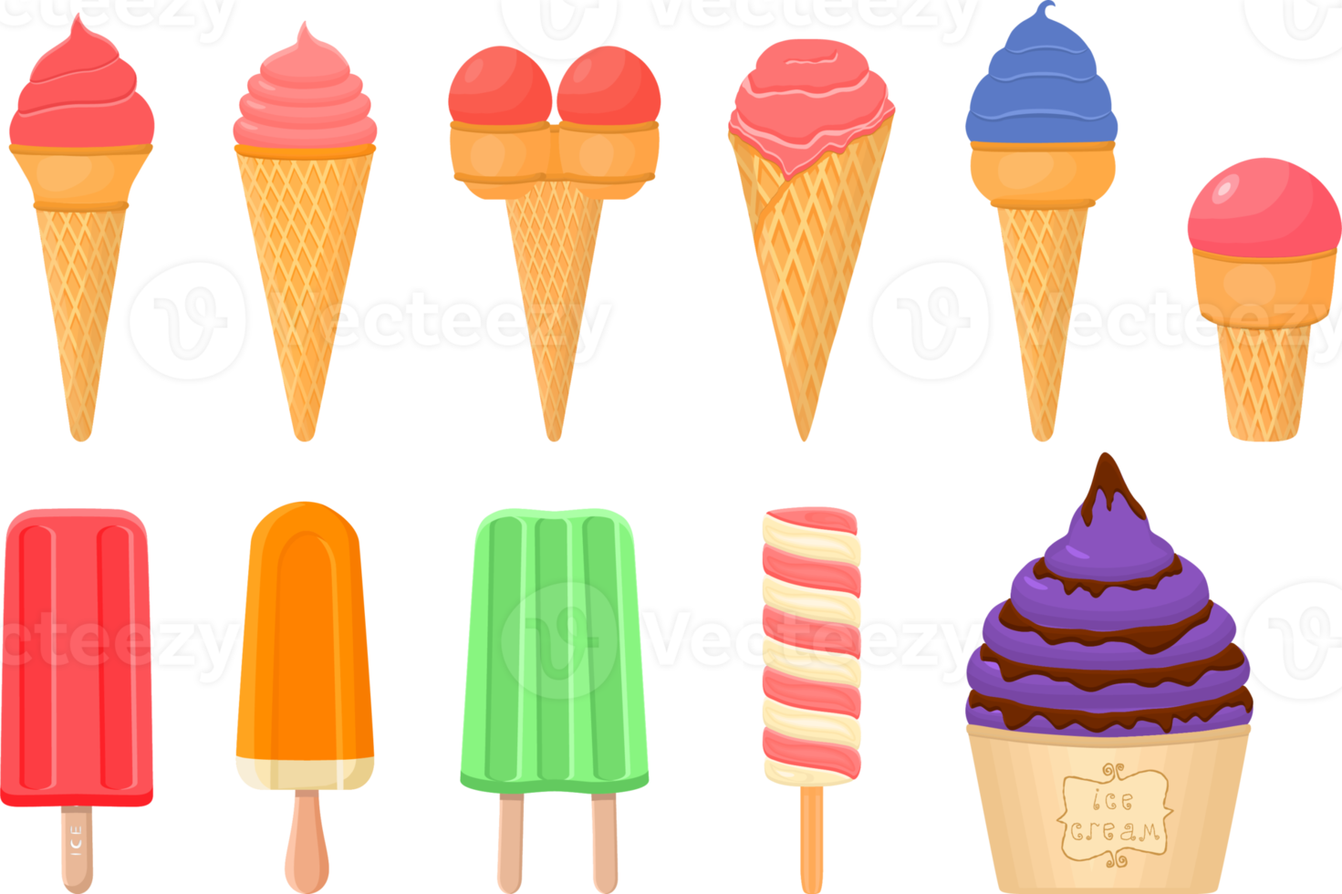 big kit ice cream different types in cone waffle cup png