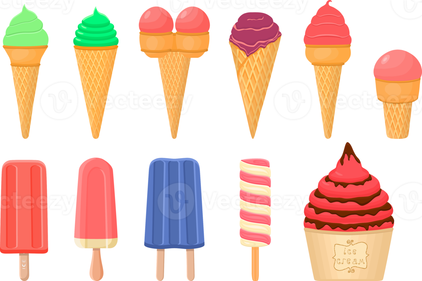 big kit ice cream different types in cone waffle cup png