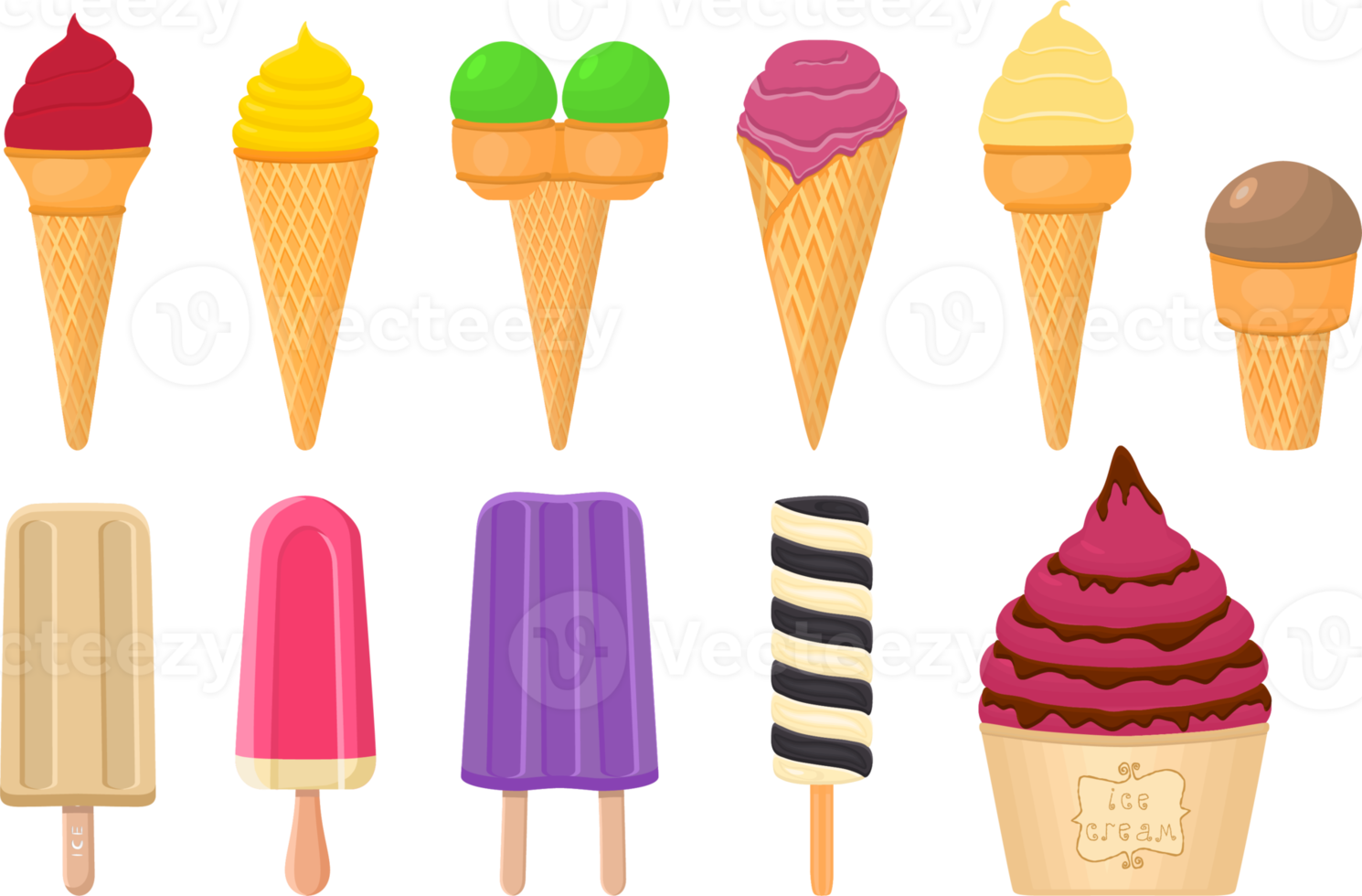 big kit ice cream different types in cone waffle cup png