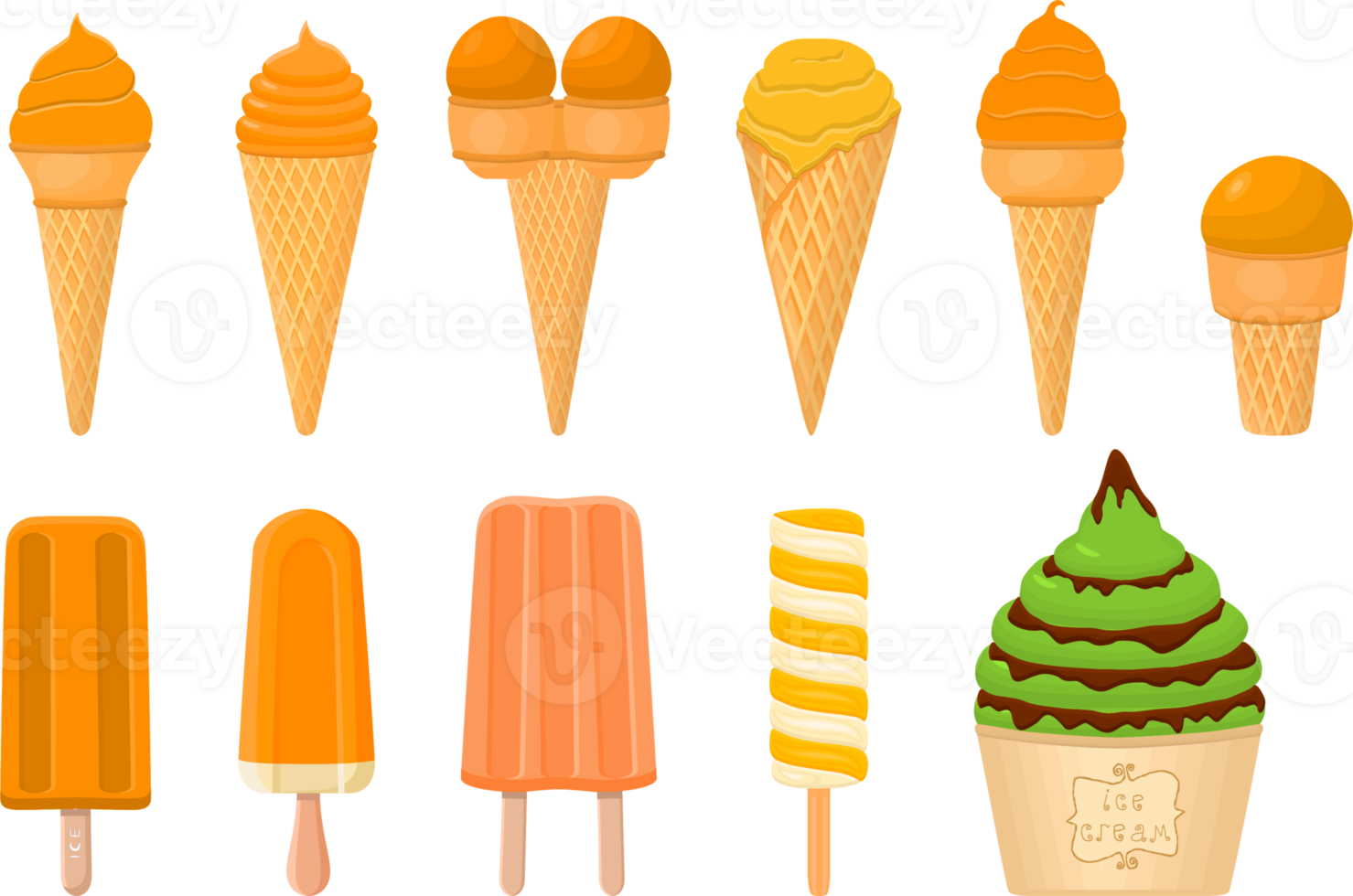 big kit ice cream different types in cone waffle cup png