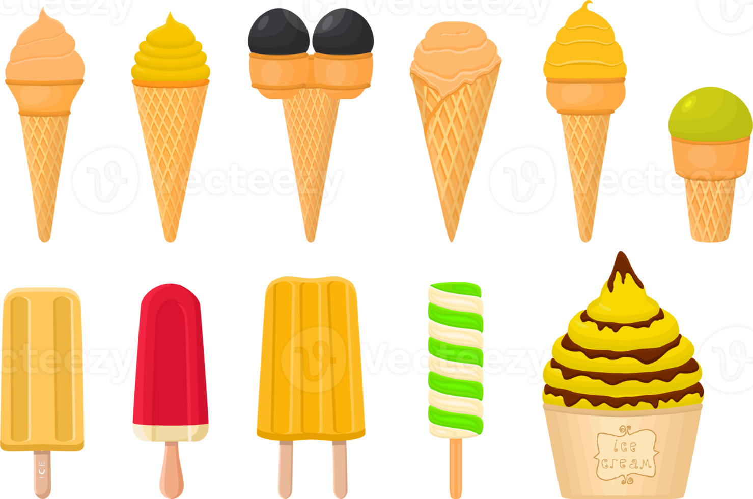 big kit ice cream different types in cone waffle cup png