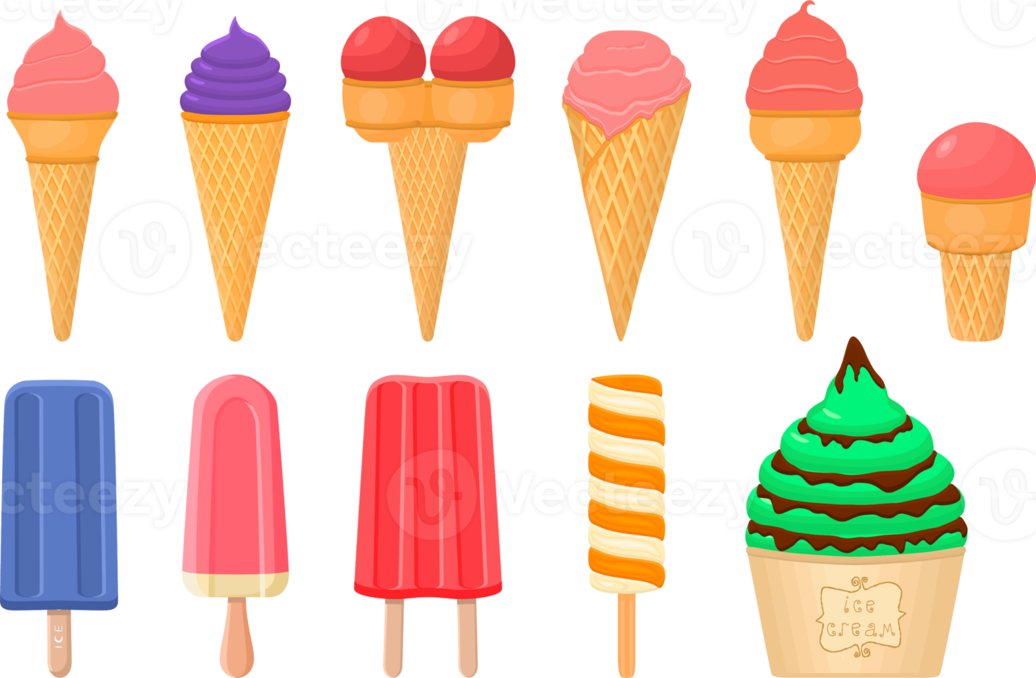 big kit ice cream different types in cone waffle cup png