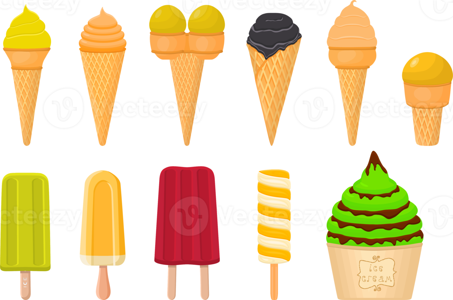 big kit ice cream different types in cone waffle cup png