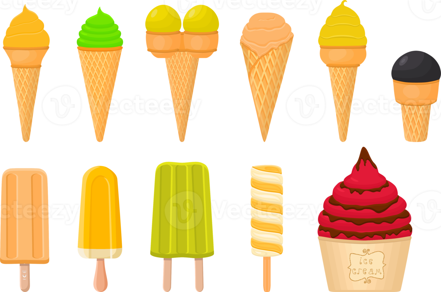 big kit ice cream different types in cone waffle cup png