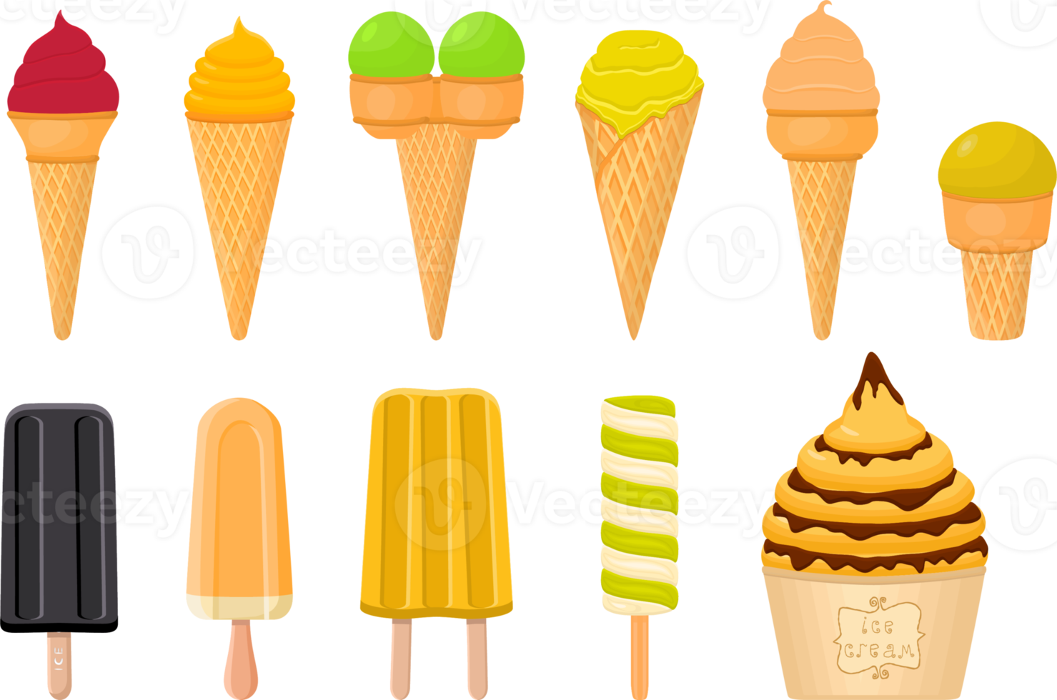 big kit ice cream different types in cone waffle cup png