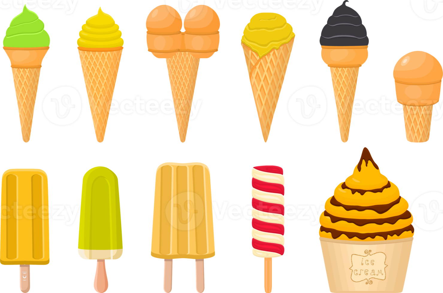 big kit ice cream different types in cone waffle cup png