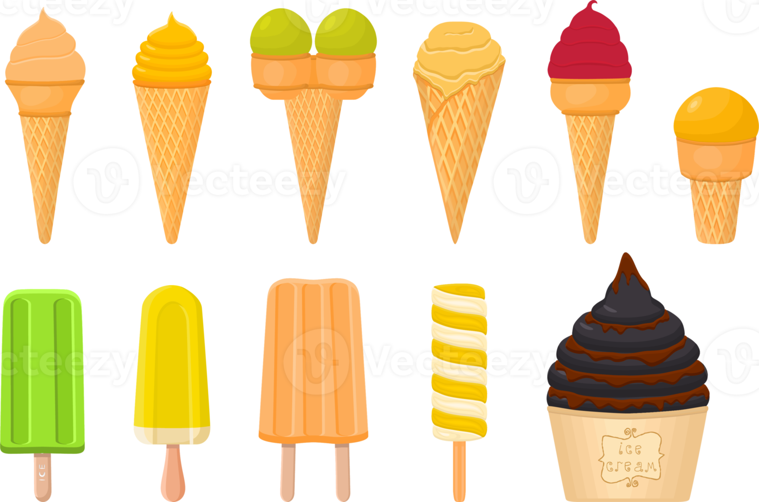 big kit ice cream different types in cone waffle cup png