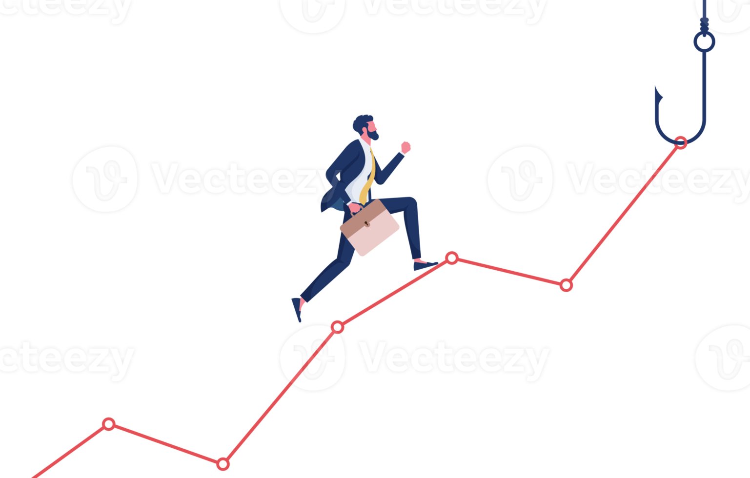 geld val concept-zakenman rennen hoger Aan diagram naar visvangst haak. concept van aas en haak in bedrijf, bedrijf val, crisis png