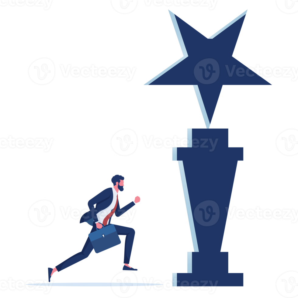 Geschäftsmann läuft zur Trophäenausgangstür. konzept des karrierestarts und der geschäftslösung png