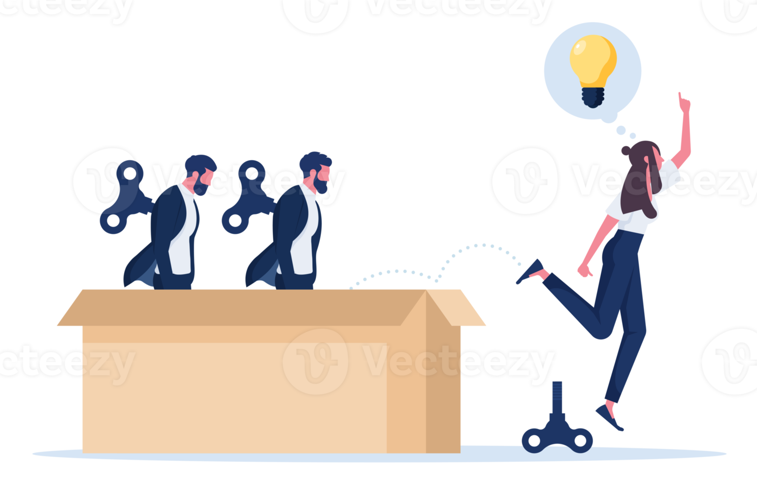 Thinking outside the box concept, Businesswoman jumping out from the box and found a good idea png