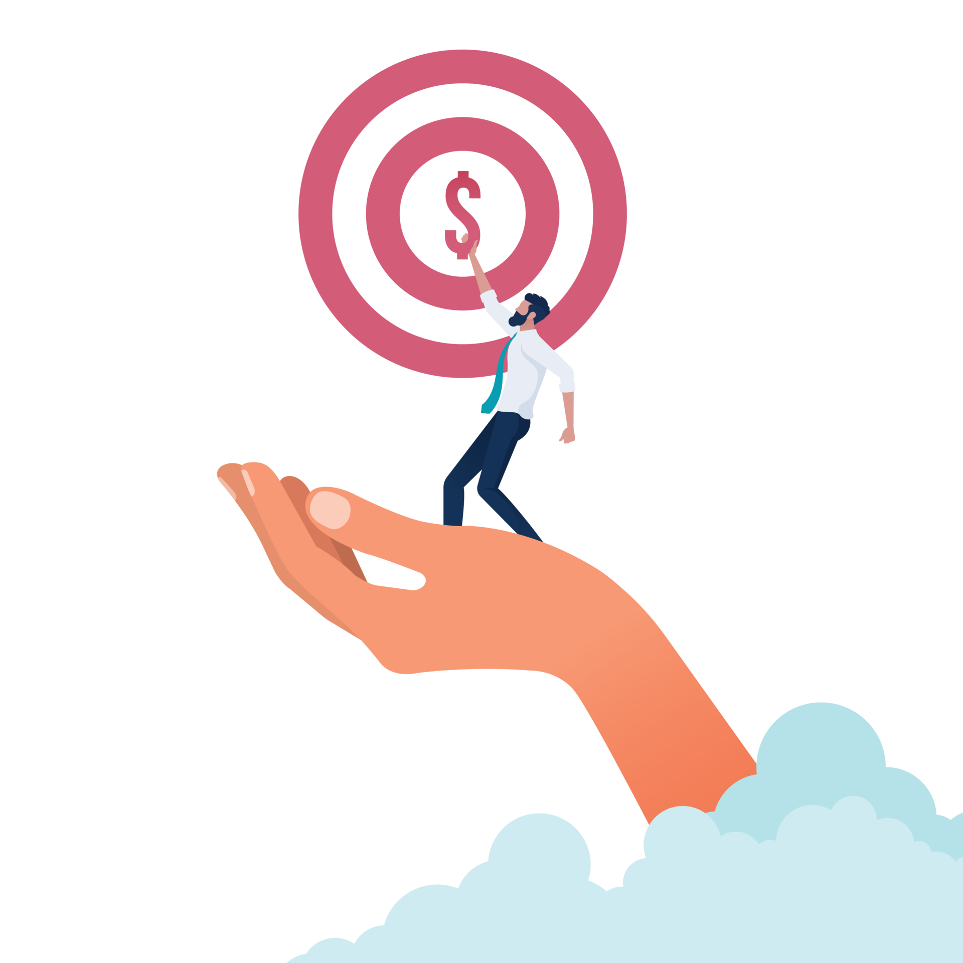 The big hand is lifting the businessman and helps him to reach his goal