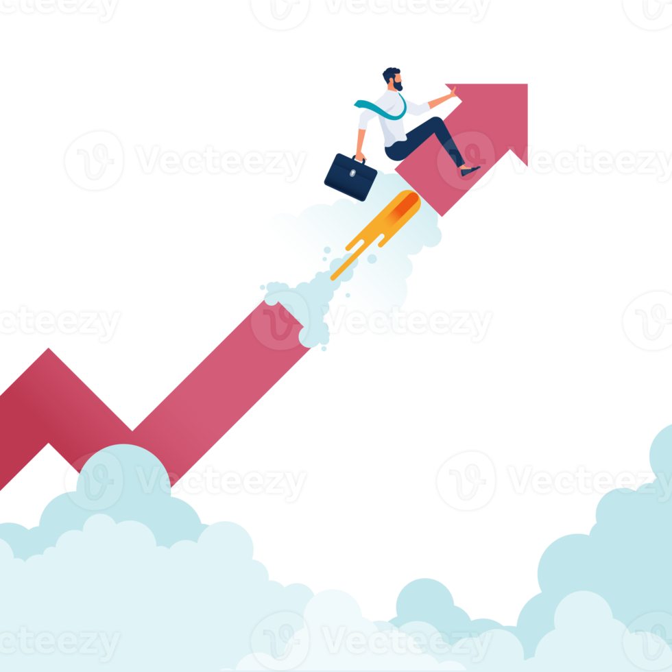 Businessman sitting on top of big arrow and moving forward representing growth and success png