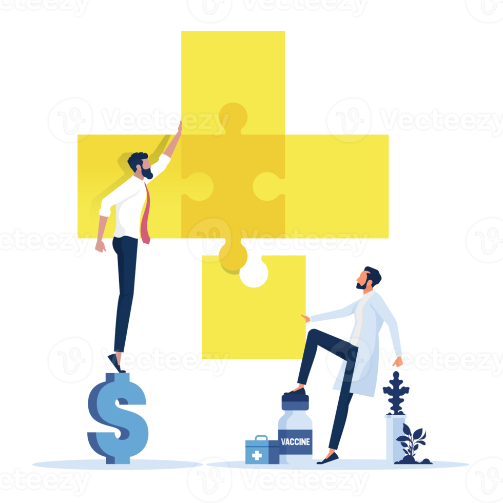 Doctor and businessman putting the puzzle medical icon together. Team metaphor. people connecting puzzle elements. Symbol of teamwork, cooperation, partnership png