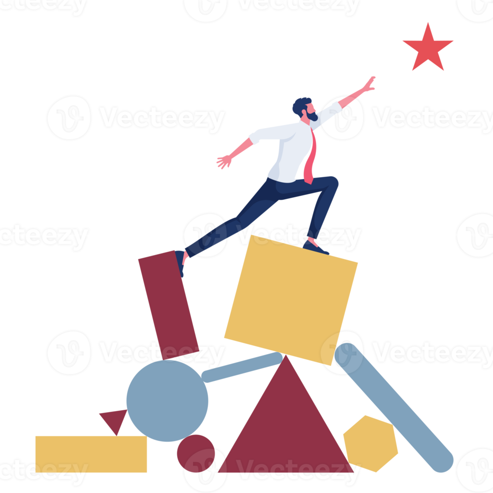 Businessman balancing on geometric shapes and reaching star. Achieving goal business png