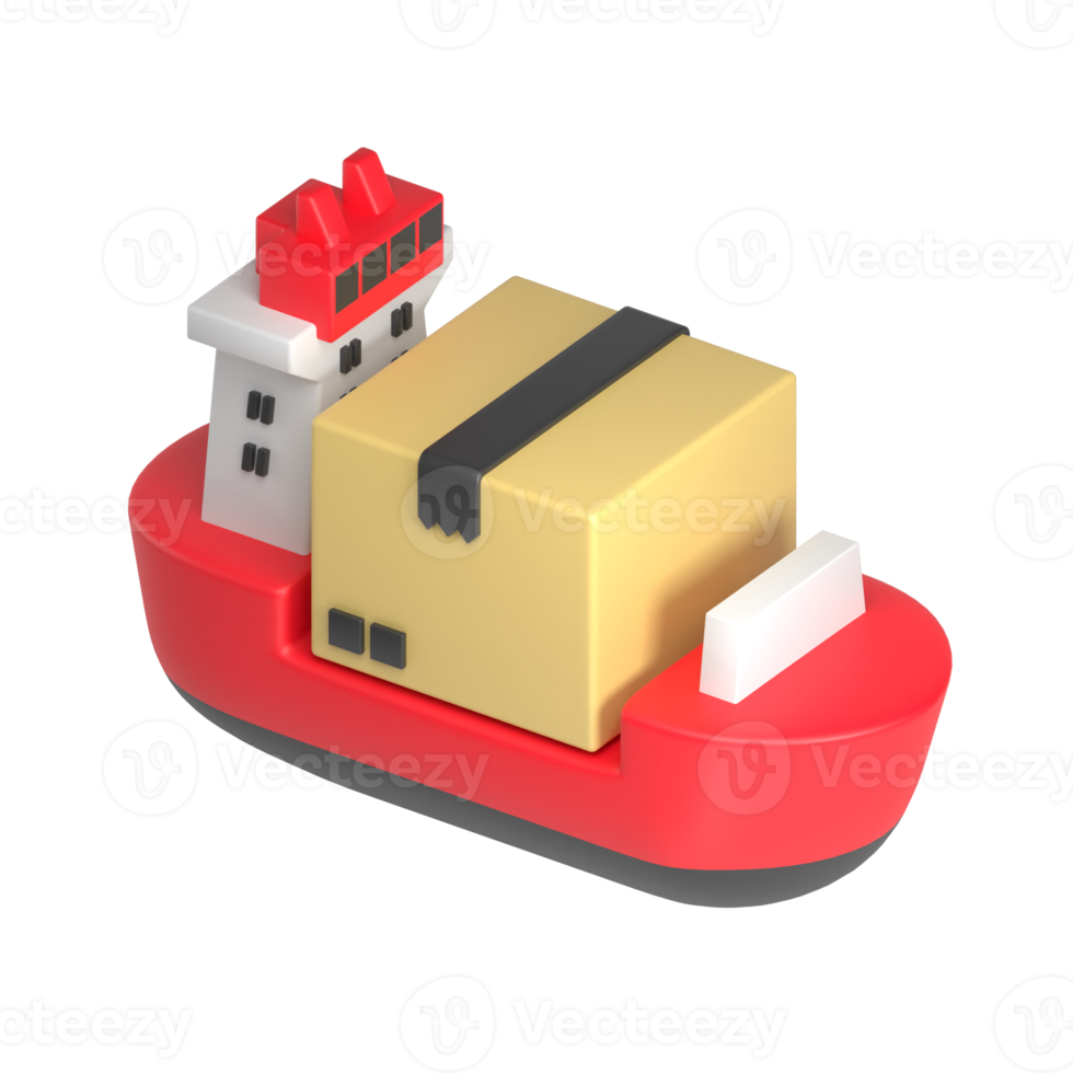 box package on red container ship 3d illustration png