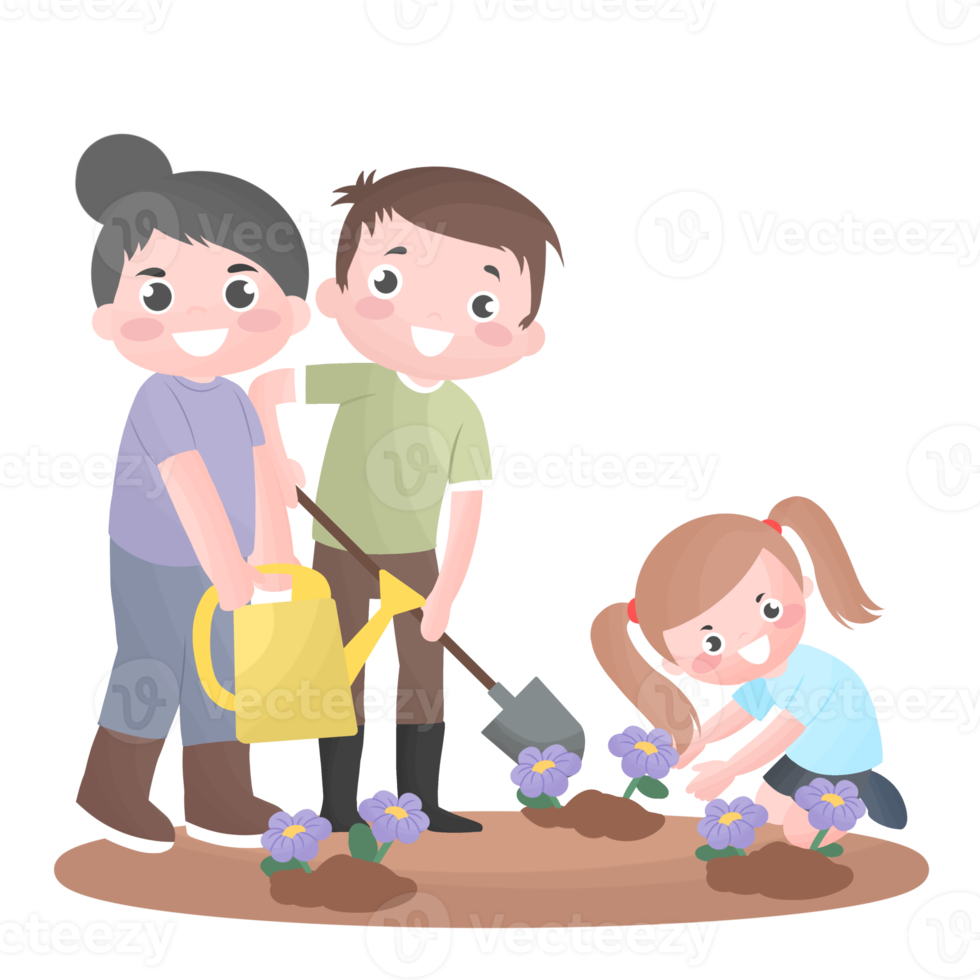 Man woman girl planting trees cartoon illustration with father