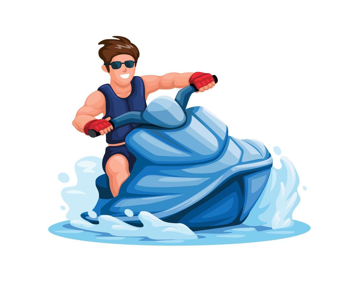 hombre montando jet ski agua deporte personaje dibujos animados ilustración vector