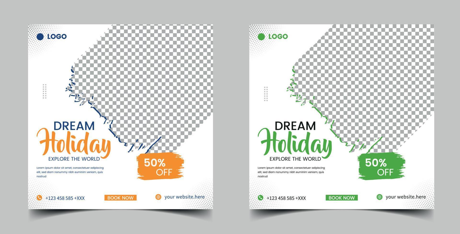 travel sale social media post template. travelling agency business offer promotion. Holiday and tour advertisement banner design vector