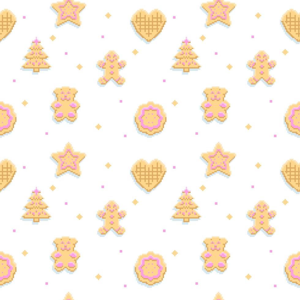 Seamless pattern of colored cookie icons. Vector illustration in pixel style.