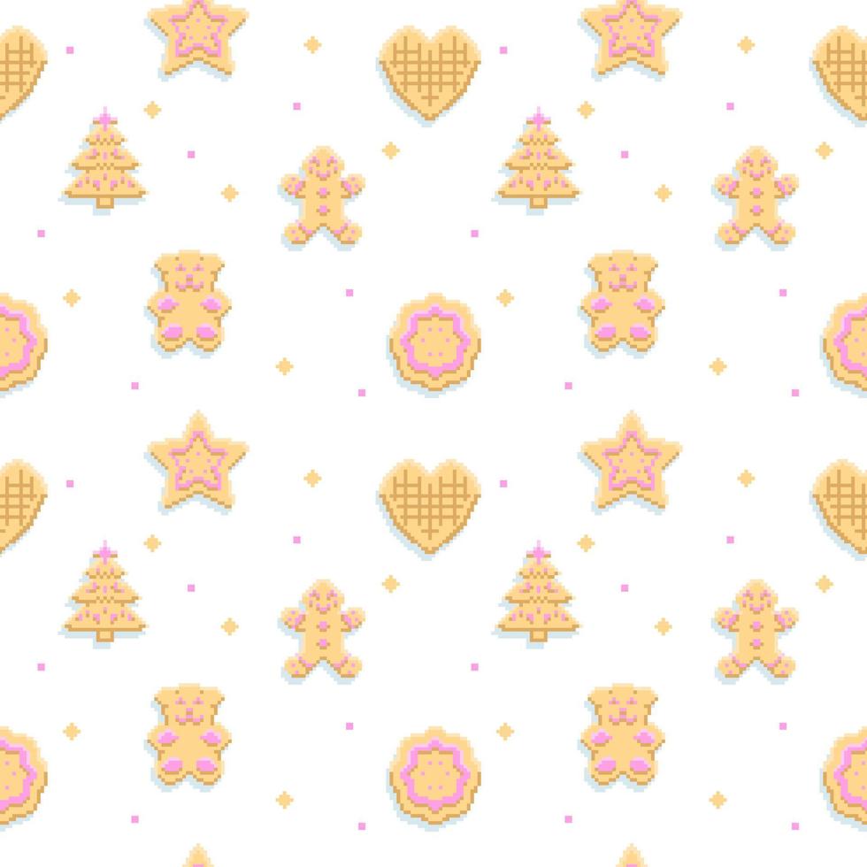 Seamless pattern of colored cookie icons. Vector illustration in pixel style.