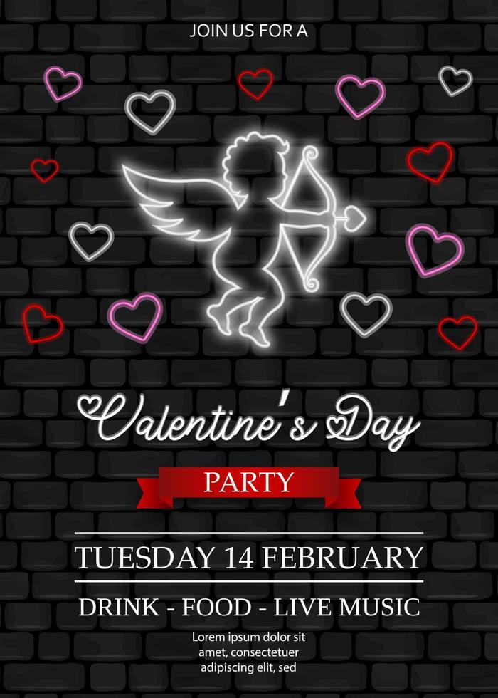 valentine's day poster with neon cupid with bow and hearts. valentine's day background with neon elements on dark wall vector