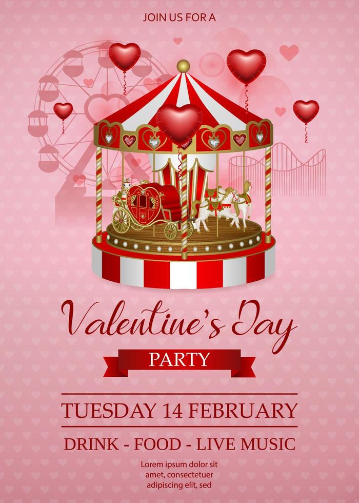 valentine's day poster with carousel and heart shaped balloons. valentine's day party flyer vector