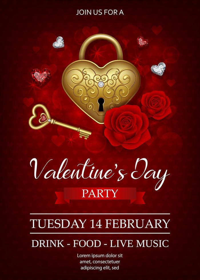 valentine's day poster with gold heart shaped padlock and key. valentine's day background with heart shaped diamonds and red roses vector